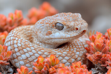Aufkleber - A rattlesnake coiled beside a patch of delicate desert blooms,
