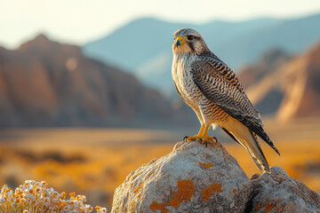 Poster - A hawk perched atop a tall rock surrounded by blooming desert vegetation,