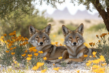Poster - A pack of desert wolves resting under the shade of a blooming mesquite tree,