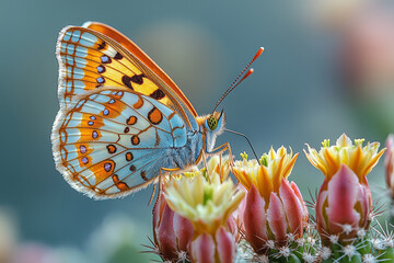 Aufkleber - A colorful desert butterfly perched delicately on a flowering prickly pear cactus,