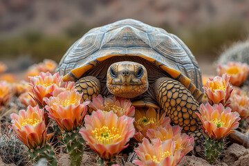 Aufkleber - A desert tortoise sheltering beneath a flowering cholla cactus,