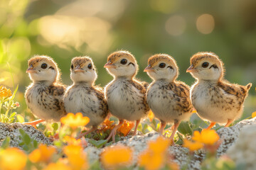Poster - A group of desert quail chicks walking through a patch of blooming sage,