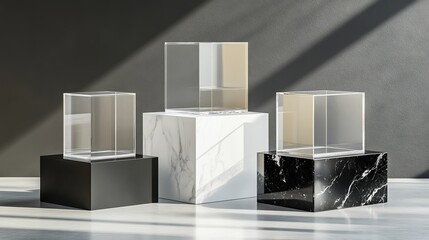 Glass cube boxes on black, white and marble stand. Empty clear square showcases on plastic podiums. Vector realistic mockup of 3d acrylic or plexiglass boxes isolated on transparent background