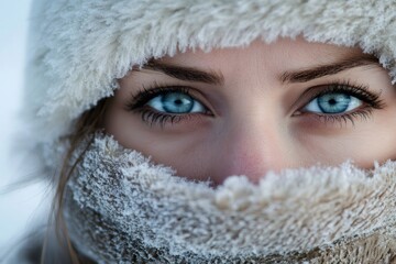 Woman wearing winter clothes showing expressive blue eyes in close-up portrait