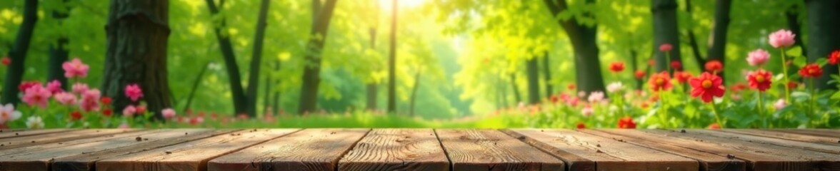 Rustic wooden table, vibrant spring forest backdrop, bloom, forest, bright