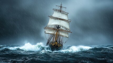 Canvas Print - Tall ship sails stormy sea, rain falls.