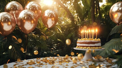 Wall Mural - Outdoor birthday scene with metallic balloons, candles glowing on the cake and golden confetti scattered in a lush garden