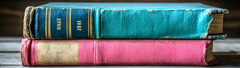 Antique Books Stacked on Wooden Surface: Teal and Pink Vintage Volumes Resting Together, Showing Age and Wear