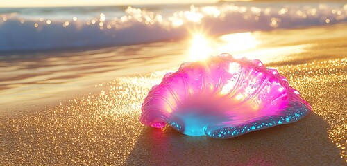 A Portuguese Man O' War with glowing pink and turquoise colors on golden sand bathed in the warm light of the setting sun and glistening waves in the background