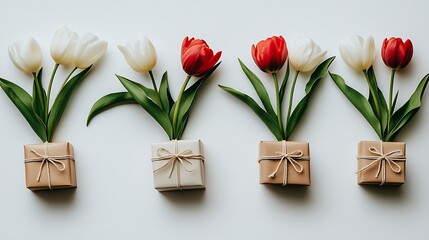 Canvas Print - Red and white tulips in small gift boxes on white background.