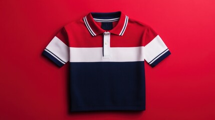 Poster - Red, white, and navy blue polo shirt on red background.