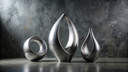 Wall Mural - Sleek metallic sculptures in modern setting, showcasing elegance and harmony. unique shapes create striking still life composition, perfect for contemporary decor