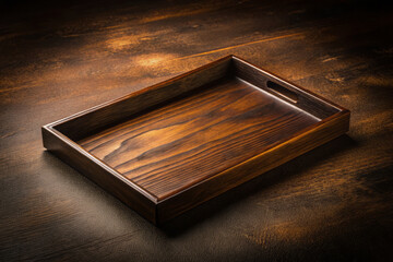 Wall Mural - wooden tray with rich, dark finish sits elegantly on textured surface, showcasing its craftsmanship and timeless design. Perfect for serving or display