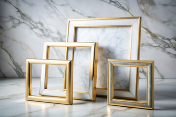 Wall Mural - Elegant gold frames arranged on polished marble surface, showcasing their intricate designs and textures. Perfect for displaying art or photographs