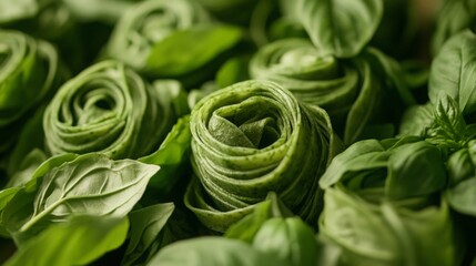 Aufkleber - This dish showcases freshly made green pasta arranged beautifully with bright basil leaves. It highlights the natural colors and textures, perfect for a healthy meal or cooking inspiration.
