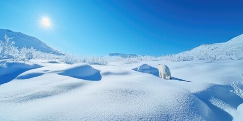 Wall Mural - A majestic snow bear walking through deep snow, with a clear blue sky and icy landscape in the background.