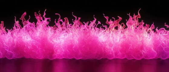 pink fire flames burning intensely against a black background, reflecting on a surface.