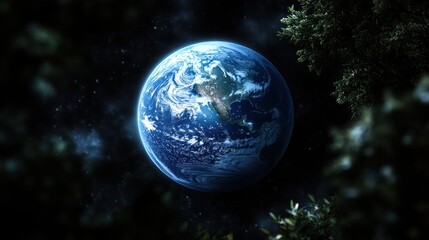 Wall Mural - Earth seen from space, framed by dark green trees.