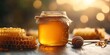 © march2 - A jar of organic honey on the table against a background of blooming flowers, natural products, bowl, sweet, yellow, golden, apiary, farm, honey