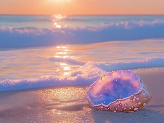 Wall Mural - Golden beach with Portuguese Man O' War in soft pink and ocean blue hues bathed in the warm light of the sunset and distant shimmering waves