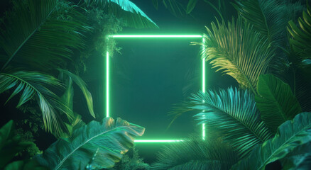 Poster - A glowing neon square appears amidst dense tropical plants, creating a striking contrast between technology and nature, perfect for creative projects or visual displays.