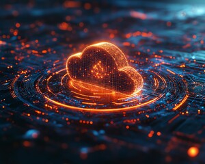 Poster - radiant cloud computing icon surrounded by glowing data connections and digital symbols, set on a da