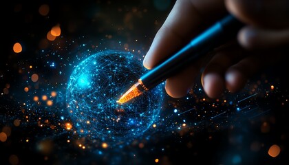 Poster - Stylus in hand interacting with a 3D digital globe and network icons, set against a blurred futuristic background representing digital connectivity