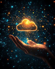 Poster - Cloud computing network with a bright glowing cloud icon and digital connections, illuminated against a dark, sleek technology background