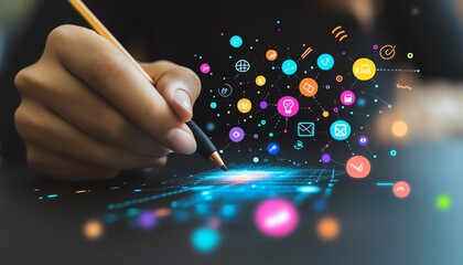 Poster - Digital network concept featuring a hand with a stylus interacting with floating icons and a glowing globe, blurred techthemed background