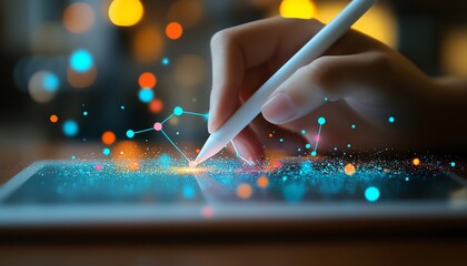 Poster - Digital network concept featuring a hand with a stylus interacting with floating icons and a glowing globe, blurred techthemed background