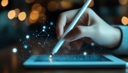 Poster - Digital network concept featuring a hand with a stylus interacting with floating icons and a glowing globe, blurred techthemed background