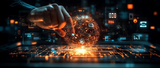 Poster - Digital network visualization with a hand using a stylus on a glowing globe, floating icons around it, set on a blurred, abstract tech background