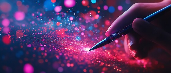 Poster - Futuristic digital network with a hand holding a stylus, manipulating a glowing globe and floating icons, blurred background with vibrant tech elements