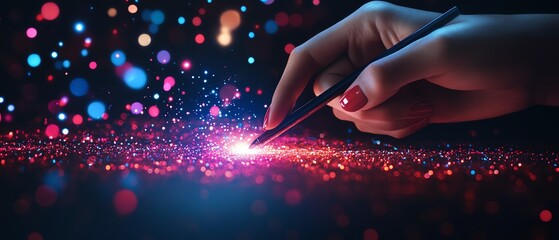 Poster - Futuristic digital network with a hand holding a stylus, manipulating a glowing globe and floating icons, blurred background with vibrant tech elements