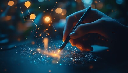 Poster - Futuristic hand using a stylus to navigate a digital globe and connected icons, set against a blurred, glowing tech background symbolizing global networks