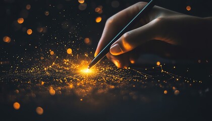 Poster - Futuristic hand using a stylus to navigate a digital globe and connected icons, set against a blurred, glowing tech background symbolizing global networks