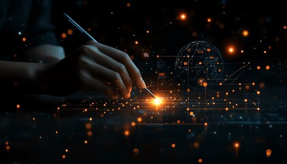 Poster - Futuristic hand using a stylus to navigate a digital globe and connected icons, set against a blurred, glowing tech background symbolizing global networks