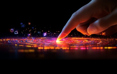 Poster - Hand with a stylus interacting with a glowing digital globe and floating network icons, blurred hightech background, emphasizing global communication