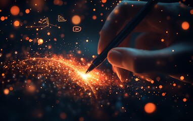 Poster - Hand with a stylus interacting with a glowing digital globe and floating network icons, blurred hightech background, emphasizing global communication