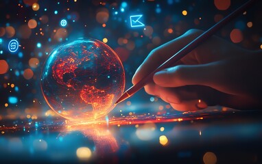 Poster - Hand with a stylus interacting with a glowing digital globe and floating network icons, blurred hightech background, emphasizing global communication