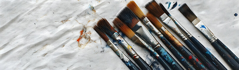 Close-up of a group of paint brushes with vibrant tempera strokes on a white sheet of paper, leaving space for additional content  -