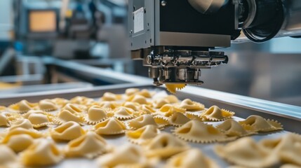 Leinwandbilder - Advanced machinery operates in a food production facility, shaping ravioli dough with precision. The process highlights the blend of technology and culinary art in modern pasta manufacturing.