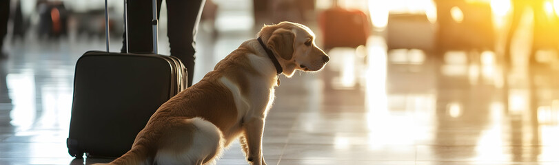 Wall Mural - Detection dog inspecting luggage for safety at a bustling terminal  -