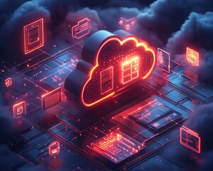 Poster - 3D rendered cloud storage surrounded by glowing data protection icons and cybersecurity layers, set against a deep dark backdrop