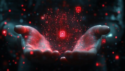 Poster - Digital lock hologram with intricate glowing details, red alert symbols floating around, cupped hands shielding it, dark tech background highlighting data protection