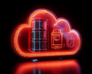 Poster - Safeguarded cloud storage concept with glowing cybersecurity elements and data protection symbols, illuminated on a dark background, 3D rendering
