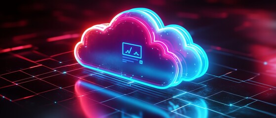 Poster - Safeguarded cloud storage with illuminated data protection symbols and cybersecurity elements, glowing on a sleek dark background, 3D rendering