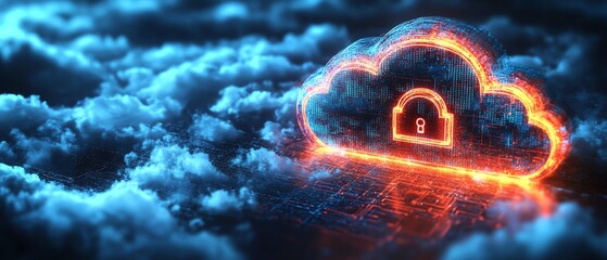Poster - Safeguarded cloud storage with illuminated data protection symbols and cybersecurity elements, glowing on a sleek dark background, 3D rendering