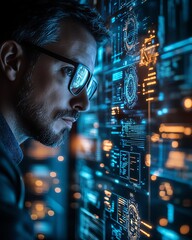 Poster - Skilled cybersecurity expert engaged in analyzing a digital screen with glowing security layers and threat detection symbols, set in a techheavy dark background