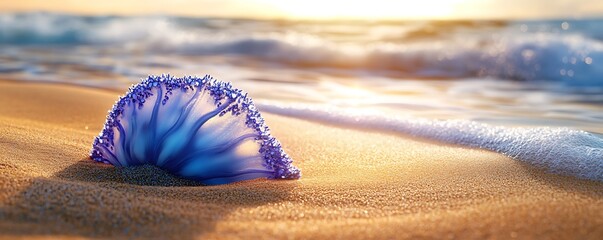 Wall Mural - Portuguese Man O' War in soft shades of blue and lavender resting on golden sands with ocean waves shimmering in the warm glow of the setting sun